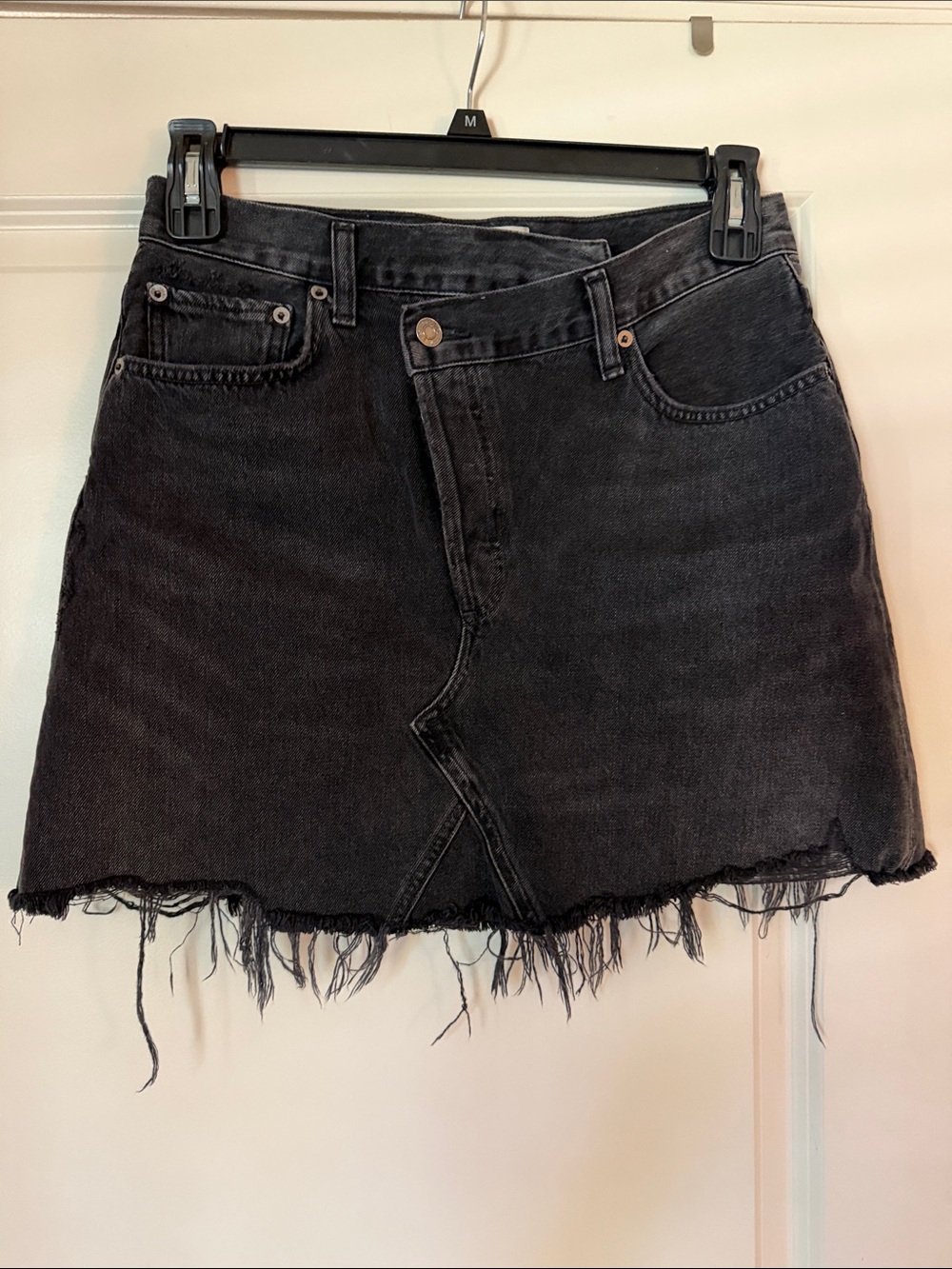 AGOLDE Black Distressed Denim Mini Skirt